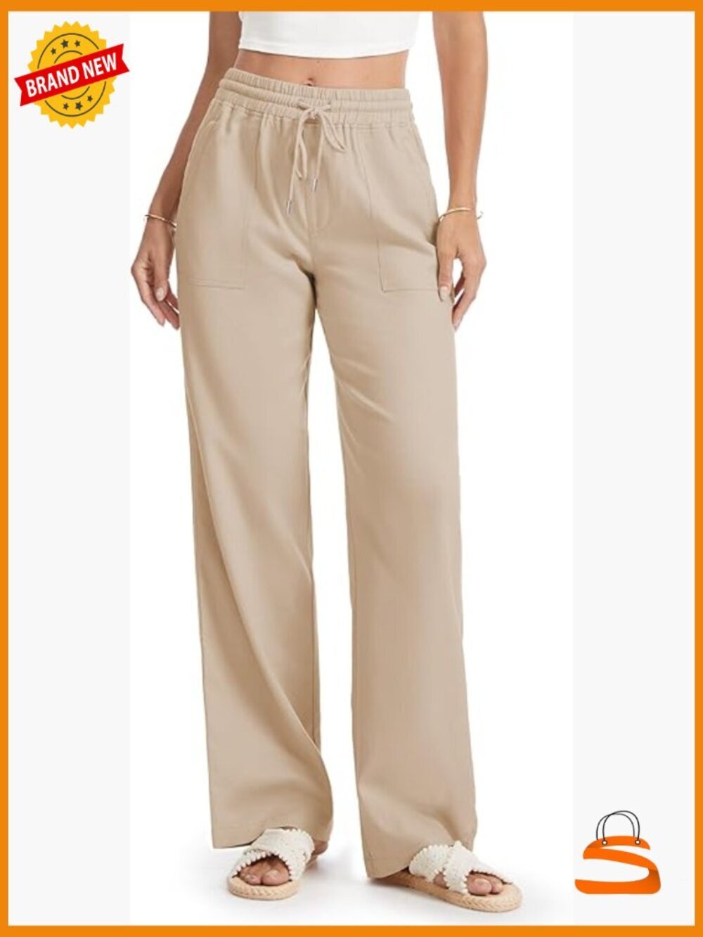 Petite Linen Wide Leg Pants with Pockets Drawstring Waist Lounge Trousers